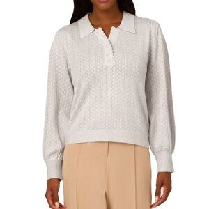 NEW Adrianna Papell Women Pointelle Knit Polo Sweater Scallop Trim Collar Ivory